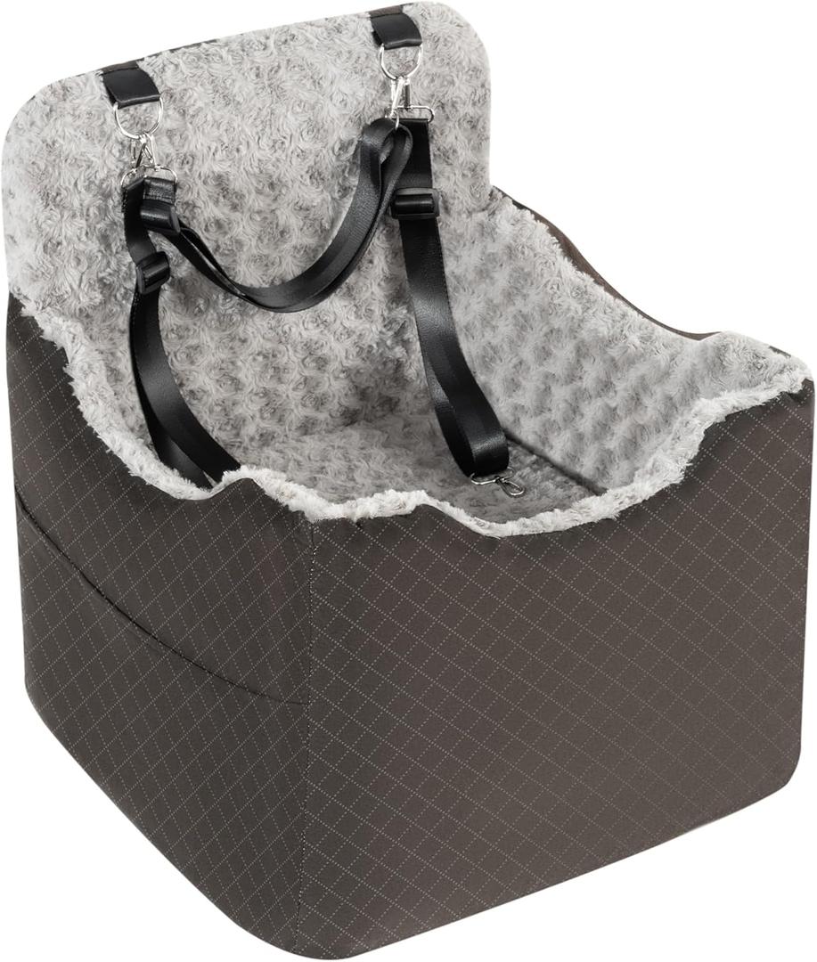 Dog Car Seat for Small Medium Dogs - 6.7inch Elevated Dog Booster Car Seats wih Soft Rose Velvet, Washable Travel Pet Carseat with 2 Safety Leashes and Storage Pockets(Grey/Black Coffee)