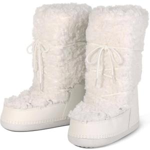 Fuzzy Fur boots for Women - Furry Winter Snow Boots Fluffy Waterproof Mid Calf Boots For Outdoor Flat Shoes (8, White)