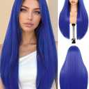 FAVE Blue Wig for Women,Synthetic Dark Blue Wig 26 Inches Middle Part Blue Wigs Natural Straight Long Blue Wigs for Daily Party and Cosplay Colorful Wig for Women