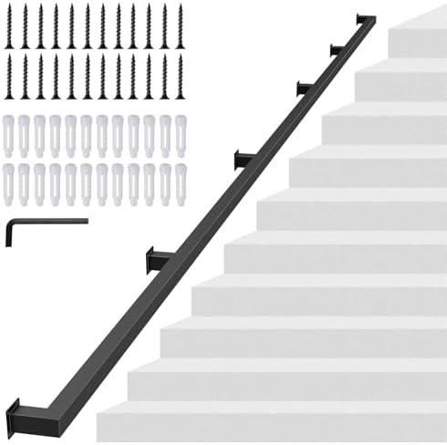 13FT Square Tube Handrail for Indoor Stairs,Matte Black Industrial Metal Stair Rail,500LBS Load Capcity Wall Mount Stair Hand Rail for Child,Seniors,Pregnant,Non-Slip Outdoor Iron Stair Rail,5 Section