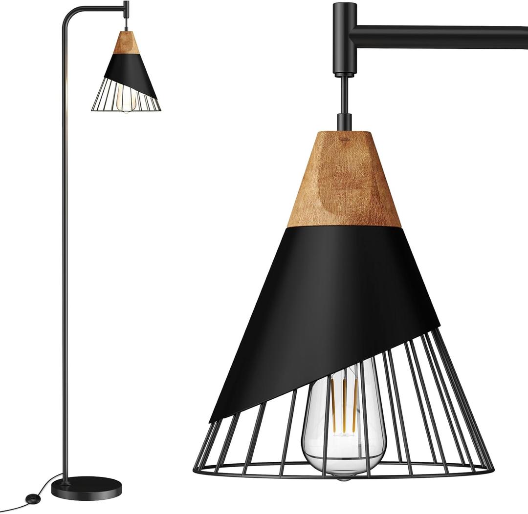 67" Industrial Floor Lamp with Wood & Black Metal Shade, Modern Standing Lamp, Rustic Farmhouse Tall Lamp for Living Room Bedroom Office, 2700K Bulb & Foot Switch Included (Black)