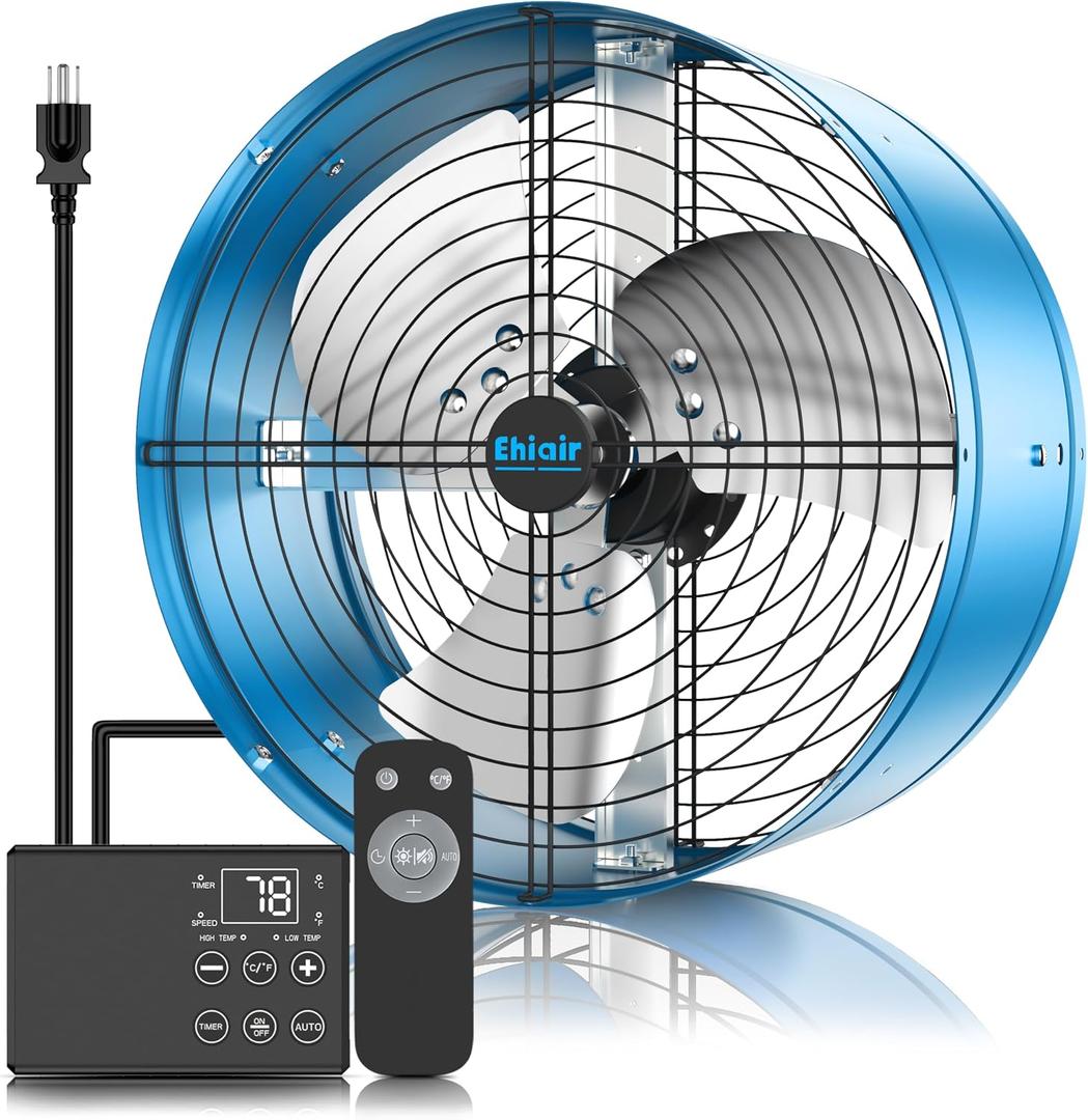 15" Attic Fan with Thermostat & Remote Control, 1800 CFM Gable Vent Exhaust Fan, Auto On/Off Based on Temperature, 2500 Sq Ft Coverage, 70W, 3 Speeds, 18-Hour Timer, Plug-and-Play