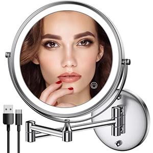 Rocollos Rechargeable Wall Mounted Lighted Makeup Mirror Chrome, 8 Inch Double-Sided LED Vanity Mirror 1X/10X Magnification,3 Color Lights Touch Screen Dimmable 360°Swivel 13 Inch Extendable
