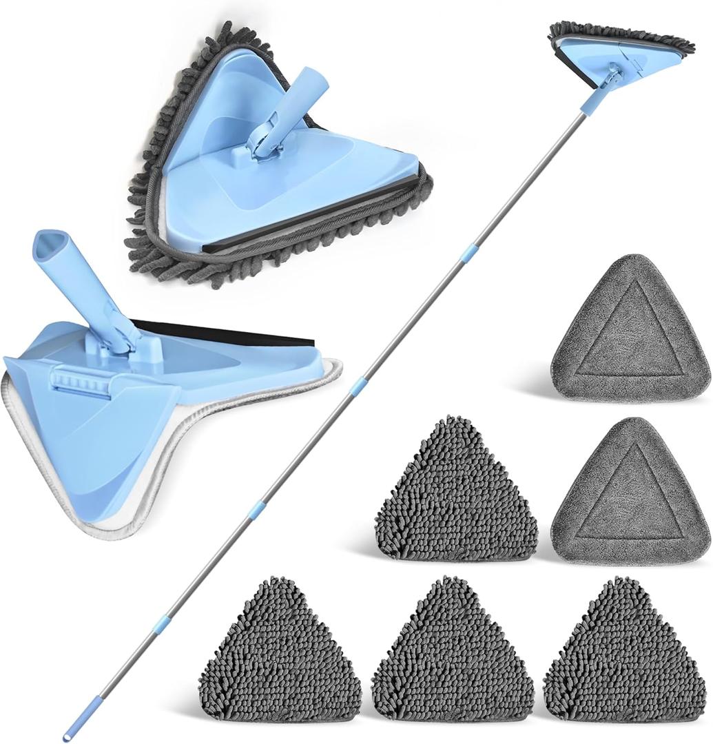 NEWE Wall Washer Mop with 80 Inch Long Handle, Wall and Ceiling Cleaner, 180 Folding Wall Scrubber with Long Handle, Triangle Baseboard Scrubber, 4 Chenille Duster & 2 Microfiber Pads (Chambray Blue)