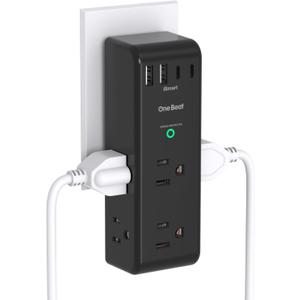 Surge Protector Outlet Extender - with Rotating Plug, 6 AC Multi Plug Outlet with 4 USB Ports (2 USB C), 1800 Joules, 3-Sided Swivel Power Strip with Spaced Outlet Splitter for Dorm, Office, Black