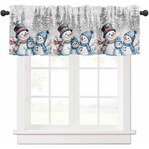Winter Snowman Valances for Windows 42" W x 12" L Striped Hat Christmas Pine Tree Grey Snow Scene Rod Pocket Curtains Valance Short Window Treatment Drapes for Living Room, Bedroom Bathroom Decor