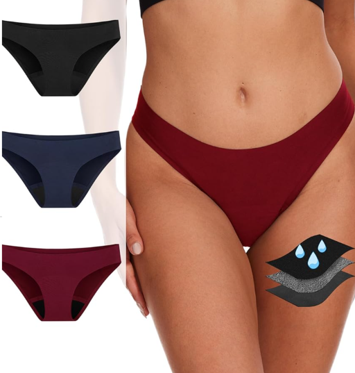 Period Underwear for Women, Bikini Leak-Proof 2.0 Seamless Menstrual Panties for Heavy Flow, 3 Pack