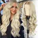SAPPHIREWIGS Blonde Synthetic Lace front Wigs 13x4 Long Wavy Wig for Women Body Wavy Wigs Ombre Blonde Natural Looking Heat Resistant Fiber Hair for Daily Party Use 26 Inch
