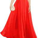 v28 Women Full/Ankle Length Elastic Pleated Retro Maxi Chiffon Long Skirt (Red, L)