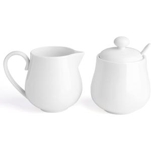 Sweese 12 Ounce Porcelain Sugar and Creamer Set, Coffee Serving Set, 3 Piece with Cream Pitcher, Sugar Bowl with Lid and Spoon, White - 480.101