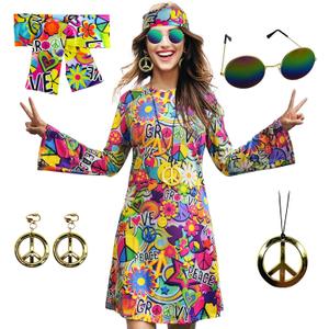 70s Hippie Dress Costumes Necklace Earrings Sunglass Women Disco Outfit, 60s Party Costume, Halloween Retro Dresses (Medium, Love and Peace)