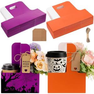 30 Set Halloween Coffee Cups Holder, Halloween Coffee Drink Carrier Supplies for 2/4 Cups, 12-30 oz Hot/cold Drinks Carriers Holder for Trick or Treat Spooky Party Decorations, Orange Purple Color