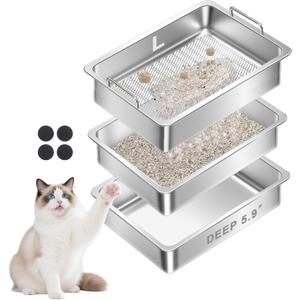 Stainless Steel Sifting Cat Litter Box for Clumping Clay Litter with High-Speed Sifting System, Large Metal Litter Box with 2 Replaceable Bottom Pans, Odor ControlEasy Clean (19.7"x13.7"x5.9")
