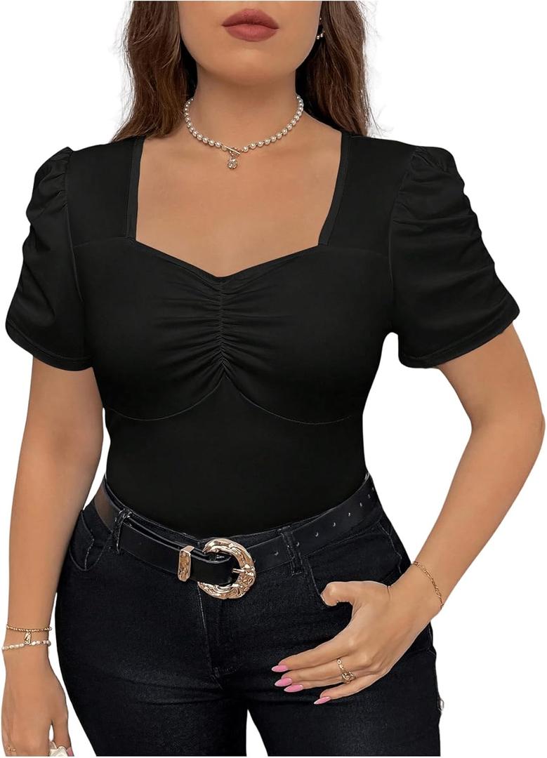 Floerns Women's Plus Size Sweetheart Neck Ruched T Shirt Puff Short Sleeve Tee Tops Black Large Plus