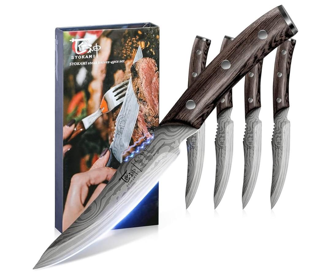Steak Knives Set of 4, 4.8 Inch Quality Japanese Style Smooth Edge Meat Knife with Wood Handle, Damascus Pattern Full Tang Design, Ultra Sharp Dinner Knives with Exquisite Box, Kitchen Gifts