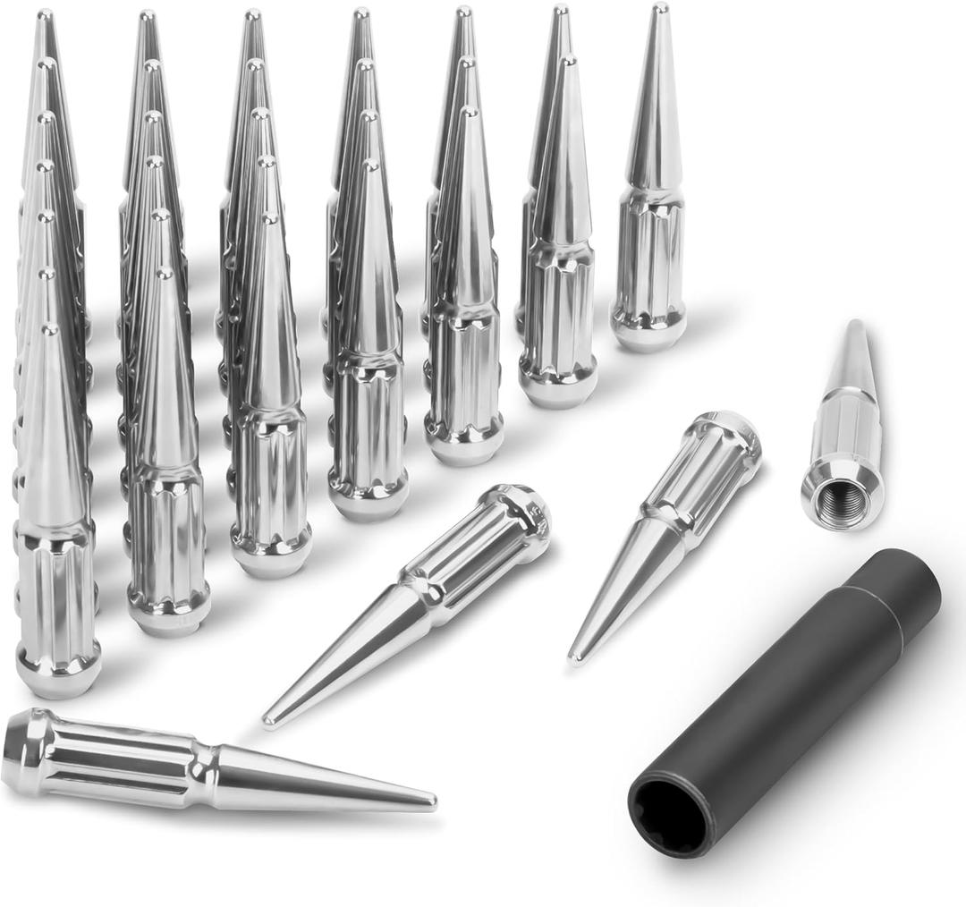 M14x1.5 Spike Lug Nuts Chrome 32 Pcs, 14mm x 1.5 Spline Spiked Lug Nuts for Chevy Silverado GMC Sierra 2500 3500 HD Ford F250 F350, 14x1.5 Truck Lugnut for Ram, Solid Metal Wheel Nut with 1 Socket Key