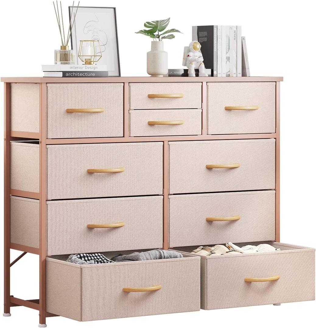 LUMTOK 10-Drawer Dresser, Fabric Storage Dressers Drawers for Bedroom, Hallway, Nursery, Closets, Steel Frame, Wood Top, Easy Pull Handle (Rose Gold), 11.8"D x 39.4"W x 39"H