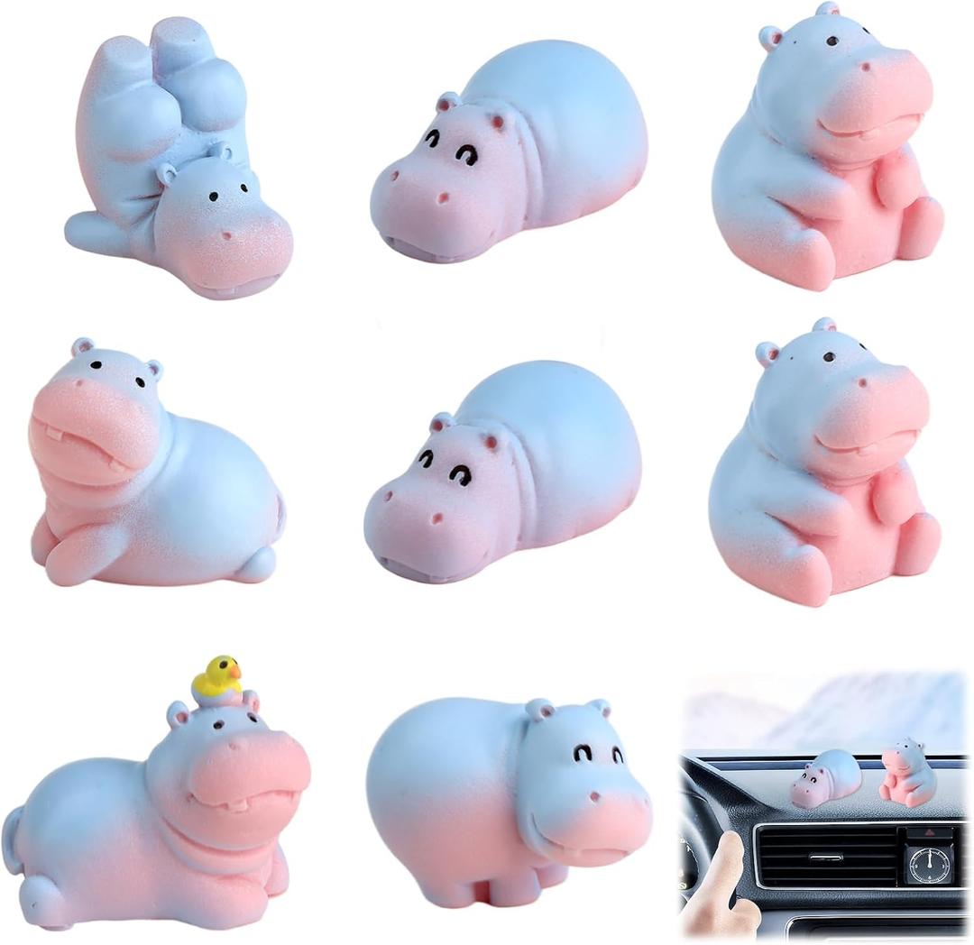 8 Pcs Mini Hippopotamus Figurines, Cute Hippo Decor for Car Dashboard and Desk, Small Animal Ornaments for Home Office Fairy Garden, Unique Hippopotamus Themed Decoration Set