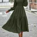 PRETTYGARDEN Women 2026 Spring Puff Long Sleeve Crewneck Smocked Maxi Dress Empire Waist Tiered A-line Swing Flowy Long Dress (L)