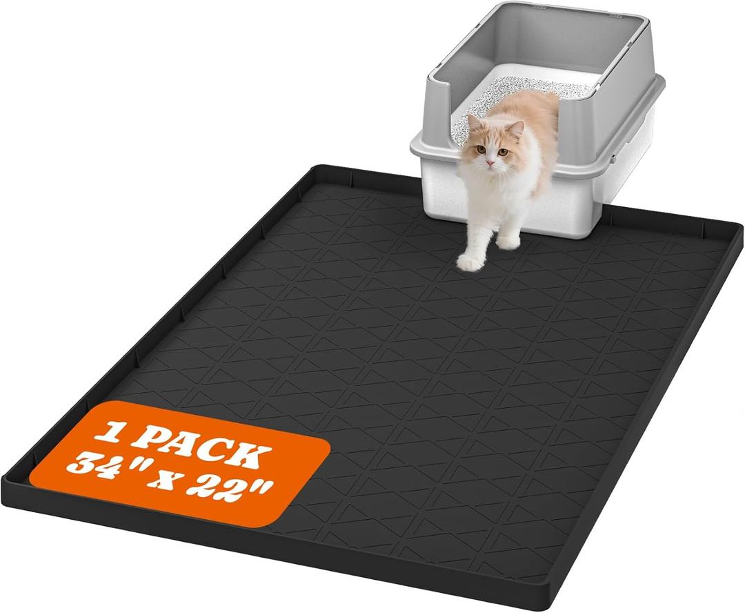 Extra Large Silicone Cat Litter Mats, 34" x 22" Waterproof Litter Box Mat, Non-Slip Kitty Litter Mat for Scatter Control, Easy to Clean & Urine-Proof Cat Litter Trapping Mat, Black (1 Pack)