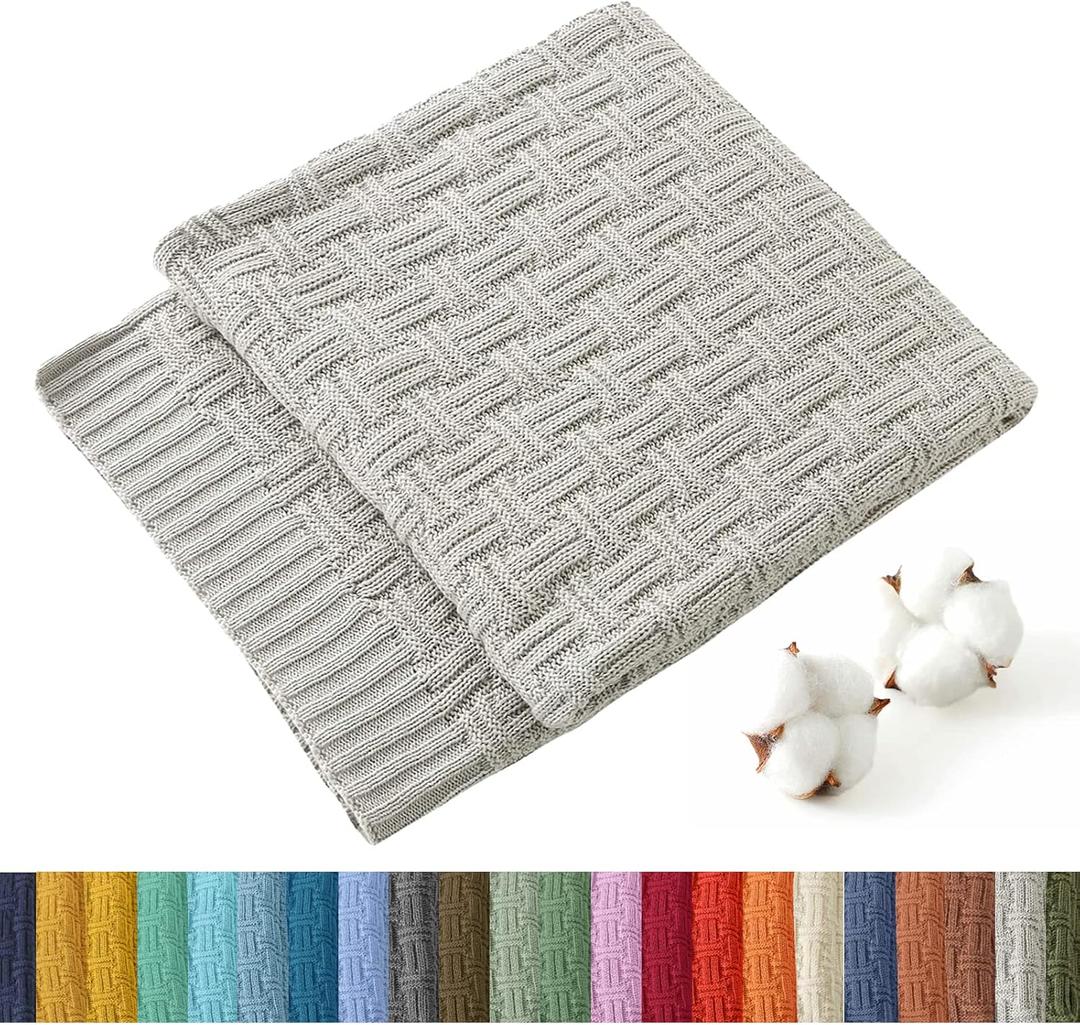 TREELY 100% Cotton Knitted Throw Blanket Couch Cover Blanket(50 x 60 Inches, Light Grey)