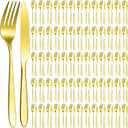 Nuenen 150 Pcs Stainless Steel Set Include 75 Dinner Forks and 75 Knives, Metal Steak Knives Forks Flatware Tableware Cutlery Set for Home Restaurant Hotel, Mirror Polished, Dishwasher Safe (Gold) (8.4 x 0.7 Inch,7.1 x 1 Inches)