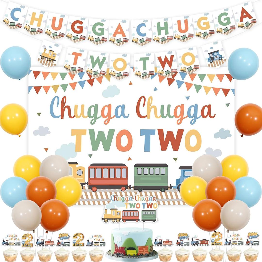 Train 2nd Birthday Party Decorations Chugga Chugga Two Two Backdrop Banner Cake Toppers Railroad Theme Second Birthday Decorations Transportation Theme Two Years Old Party Supplies