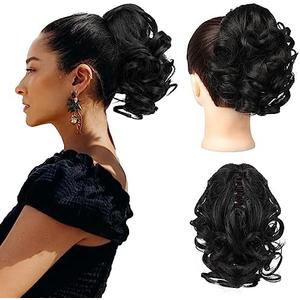 REECHO Ponytail Extension, 9" Short Curly Wavy Claw Clip Pony tails Hair Extensions HP001 Hairpieces for Women - Black