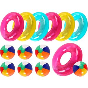 Ceenna 12 Sets Beach Floats, Including 6 Pcs Inflatable Pool Tube for Adults Swimming Rings 6 Pcs 12'' Beach Inflatable Balls for Vacation Beach Decorations Summer Activity Party