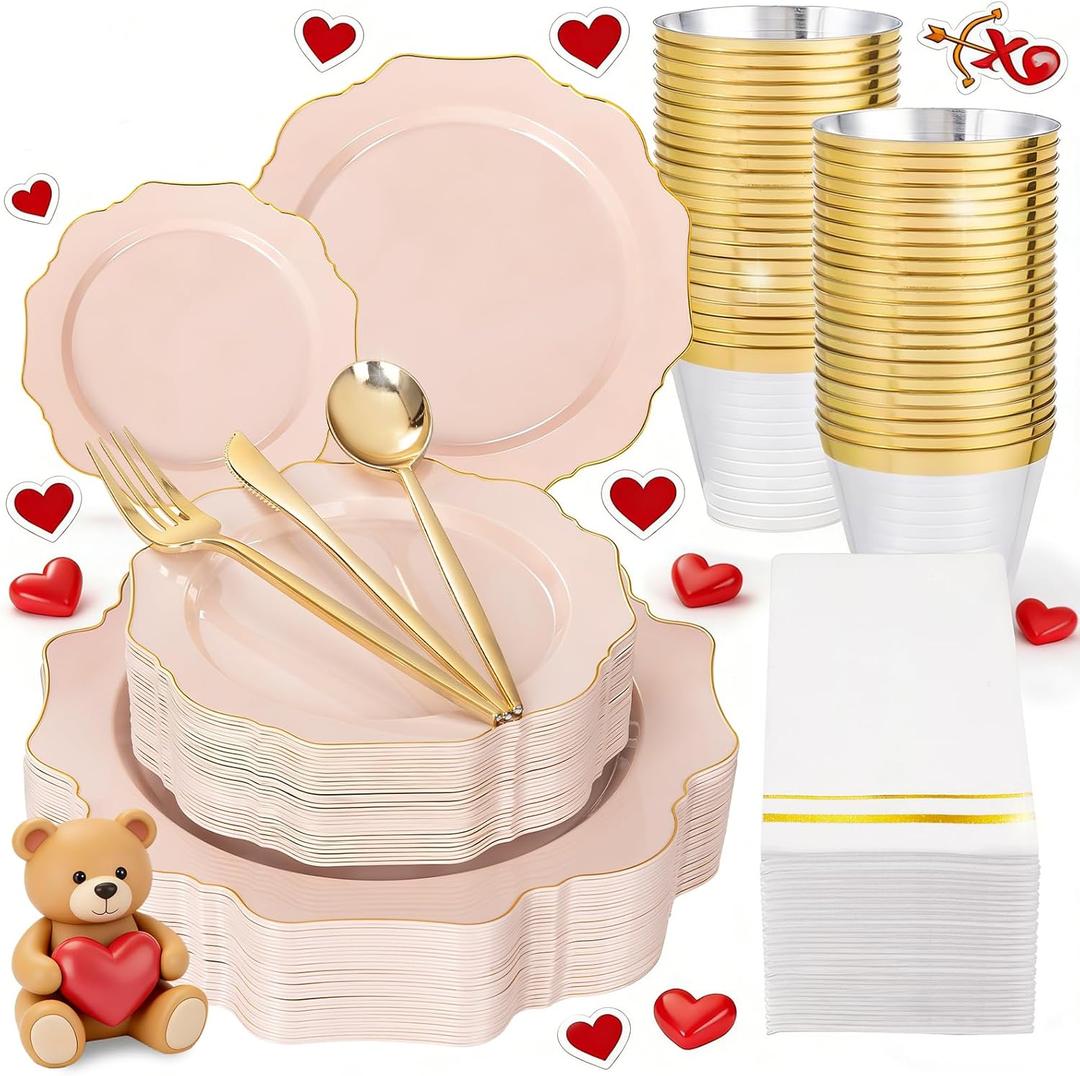 WDF 175Pcs Pink Plastic Plates - Pink and Gold Plates Disposable 25guest Plastic Dinnerware Ideal for Tea Party/Bridal Shower/Wedding/Baby Shower/Valentine's Day