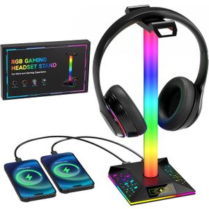 Hcman Headphone Stand Gaming Headset Holder RGB PC Gaming Accessories for Desk, Cool LED Headset Stand with 2 USB Charger for Gamer, Black