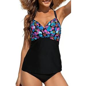 Halcurt Women's Twist Front Tankini Swim Top Only V Neck Loose Fit Bathing Suit Push Up Swimsuit Top, 2 XL