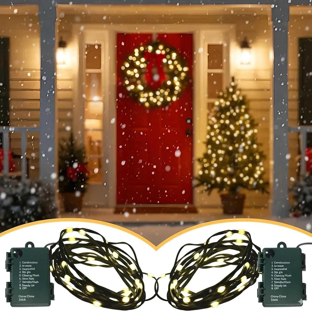 QBIS Outdoor Christmas Lights - Fairy Lights Battery Operated with Small Warm White LEDs, Green Wire, Multifunction, 6hr Timer, Indoor/Outdoor Battery Operated String for Wreath, Garland or Tree (2x 30 LEDs 10ft)