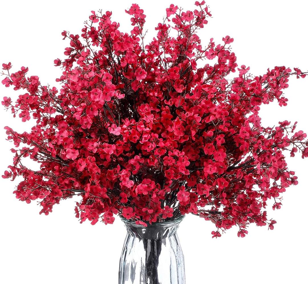 Giegxin 24 Pcs Babys Breath Silk Artificial Flowers Red Faux Flower 19.6 Inch Gypsophila Bouquets Bulk Burgundy Real Touch Floral for Vase Spring Decoration Home Office Table Centerpiece, Wine Red