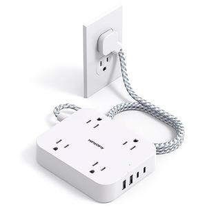 Flat Plug Extension Cord, HANYCONY 5ft Power Strip with 4 USB Ports(2 USB C), 4 Widely Outlets Extender, Wall Mount, Desk Charging Station for Office School Travel Dorm Room Essentials, ETL Listed