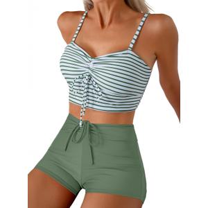 Herseas High Waisted Bikini Sets for Women Floral Print Two Piece Tummy Control Swimsuits Drawstring Short Bathing Suit (Medium, Green Stripe)