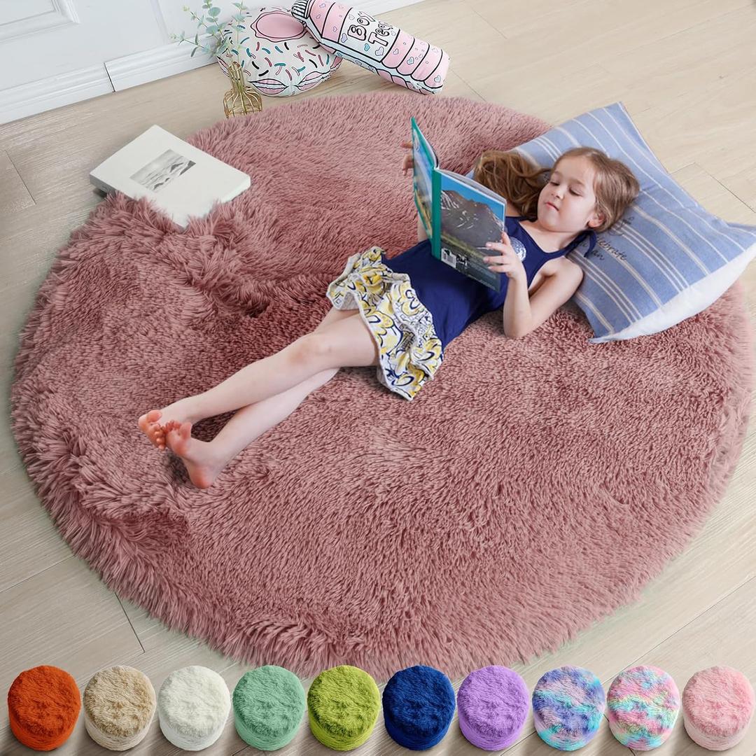 Blush Pink Fluffy Round Rug 5Ft for Bedroom, Fuzzy Plush Circle Area Rugs for Baby Kids Room Decor Aesthetic, Shaggy Circular Carpet for Teen Girls Nursery Dorm Playroom, Cute Dusty Rose Mauve Rug