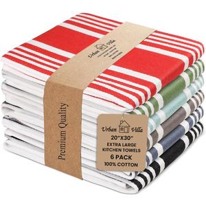 Urban Villa Kitchen Towels 100% Cotton Dish Towels for Kitchen (Set of 6)20x30 Dish Cloths Highly Absorbent Kitchen Linen Set with Hanging Loop Perfect for Drying Dishes Cleaning Towels- MultI Color