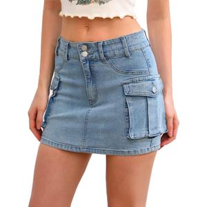 Low Waist Cargo Skirt Women Button Mini Cargo Denim Skirt with Pocket Mini Skirt (Small, Jenny Blue)