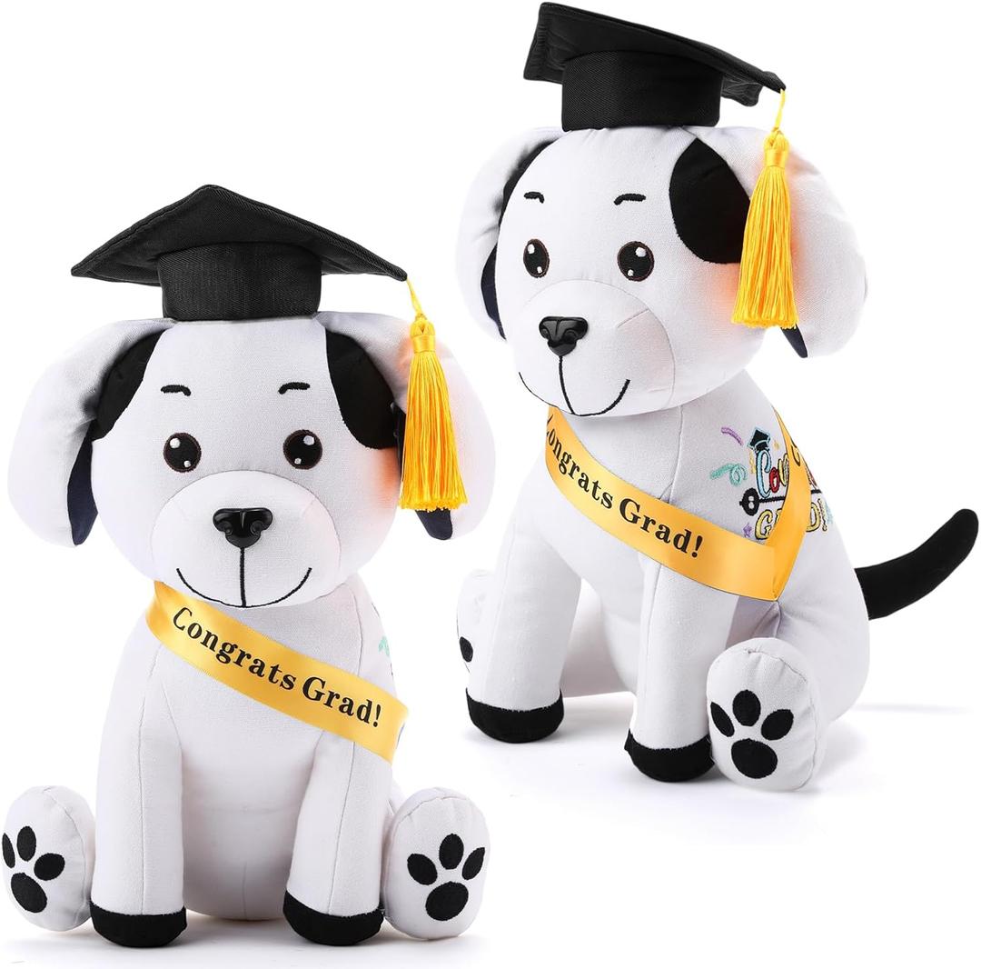 Zomiboo 2 Pcs PhD Graduation Gifts Autograph Stuffed Dog to Sign 12 Inches Signature Animal 2025 Congratulations Plush Dog with Cap and Sash Cute Graduation Gifts(Black)