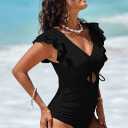 Sovoyontee Women's Ruffle One Piece Swimsuit Tummy Control Bathing Suits Drawstring Cutout V Neck Swimwear (Black, S)