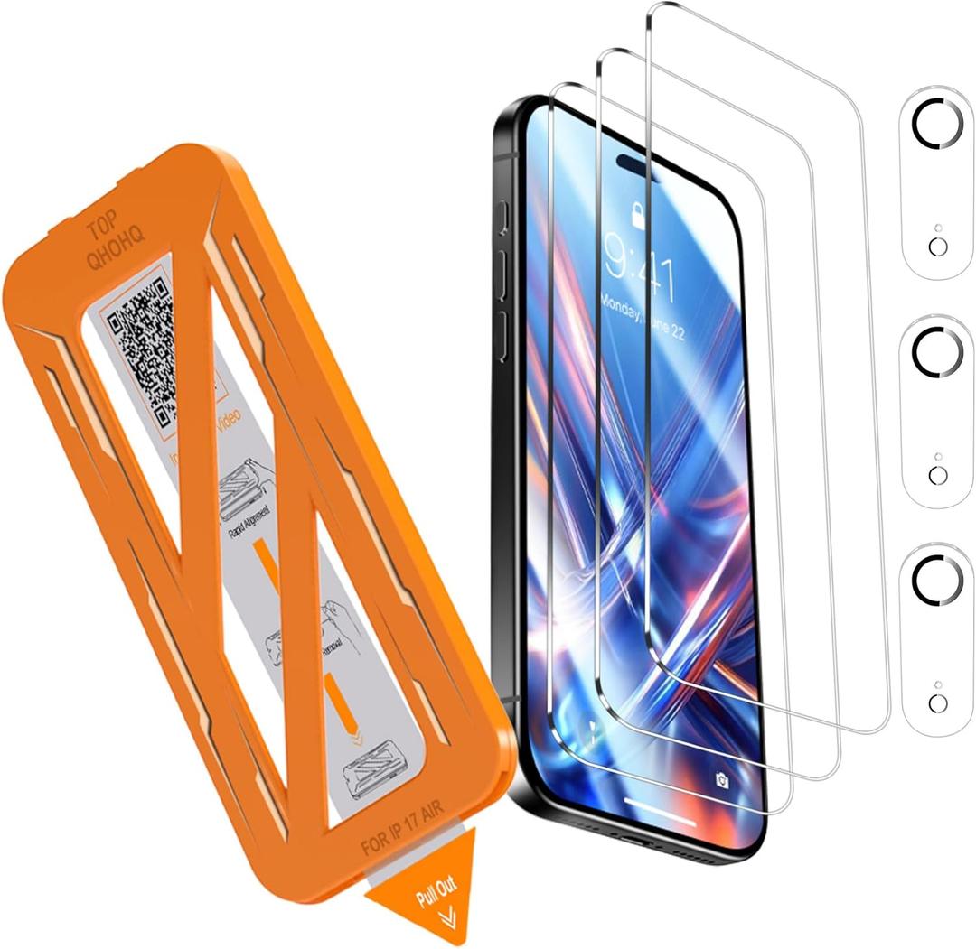 QHOHQ [1-Second Auto-Install] 3 Pack Screen Protector for iPhone Air + 3 Pack Camera Lens Protector, 9H+ Shatterproof Tempered Glass for iPhone 17 Air, [12FT Military Grade Protection], Case Friendly (iPhone Air 6.5 Inch, Transparent)