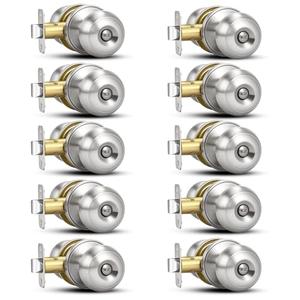 Plustool 10 Pack Brushed Nickel Door Knobs,Privacy Door Knob with Lock, Interior Doorknobs Silver, Keyless Door Locks Set for Bedrooms Bathrooms, Reversible for Left/Right Door Handle