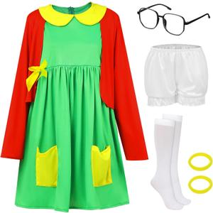Panitay 7 Pcs Women's Halloween Costume Outfits Green Dress Red Knit Cardigan Shorts Glasses Socks Hair Tie for Cosplay (Medium)