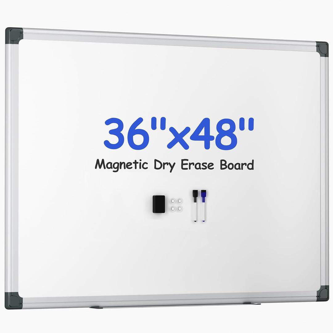 Magnetic White Board Hanging 36" x 48" for Office, Class, Home, Sliver Aluminum Frame, 1 Dry-Erase Eraser, 2 Multicolor Marker, 4 Magnetic Pins, Students, Teachers