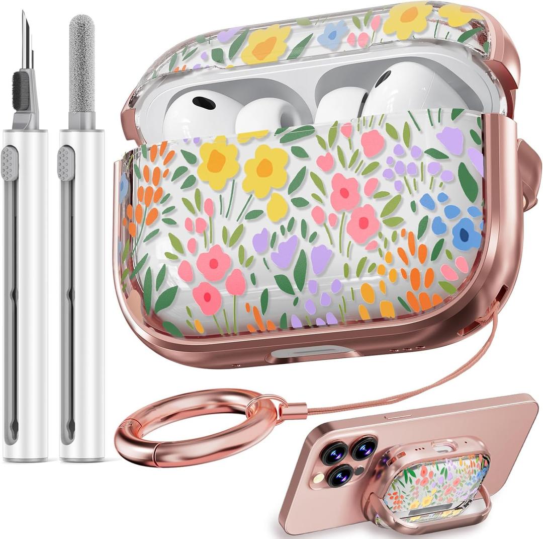 Inesore for AirPods Pro 3 Case 2025 with Lock, Floral Cute AirPod Pro 3 Generation Case for Women Girly with Cleaner Kit and Keychain-Seven Color Flower