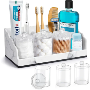 Bathroom Counter Organizer with 3PCS Qtip Holder, Marble Toothbrush Holders for Bathrooms, Bathroom Organizers and Storage with Drain Holes, Electric Toothbrush Holder, Vanity Organizer