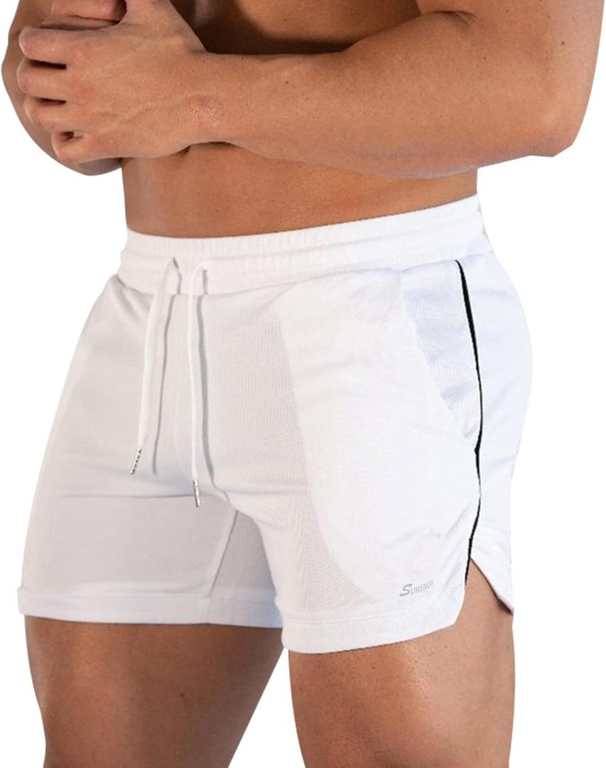 Surenow Mens Running Gym Shorts 3 Inch Breathable Lightweight Athletic Sport Shorts Training Workout Shorts with Pockets (Large, White)