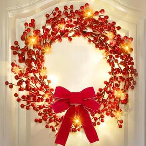 Timer & 8 Modes Prelit Lighted Valentines Christmas Wreaths for Front Door, 20 Warm White Lights with Bowknot Artificial Red Berry Christmas Wreath Battery Operated Small Wreath Home Holiday 18 Inch