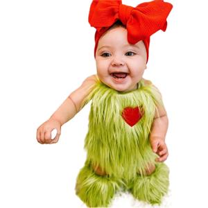 Toddler Baby Green Furry Monster Costume Christmas Sleeveless Plush Romper and Leg Warmers Headband 3 Piece Sets (0-6 Months)